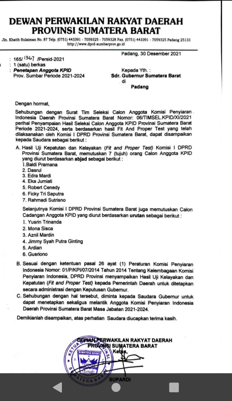 Penetapan komisioner KPID Sumbar  menunggu SK gubernur