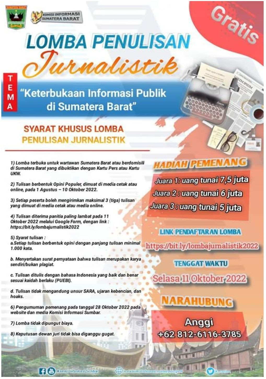 Lomba Penulisan Blog dan Karya Jurnalistik KI Sumbar Masih Terbuka 
