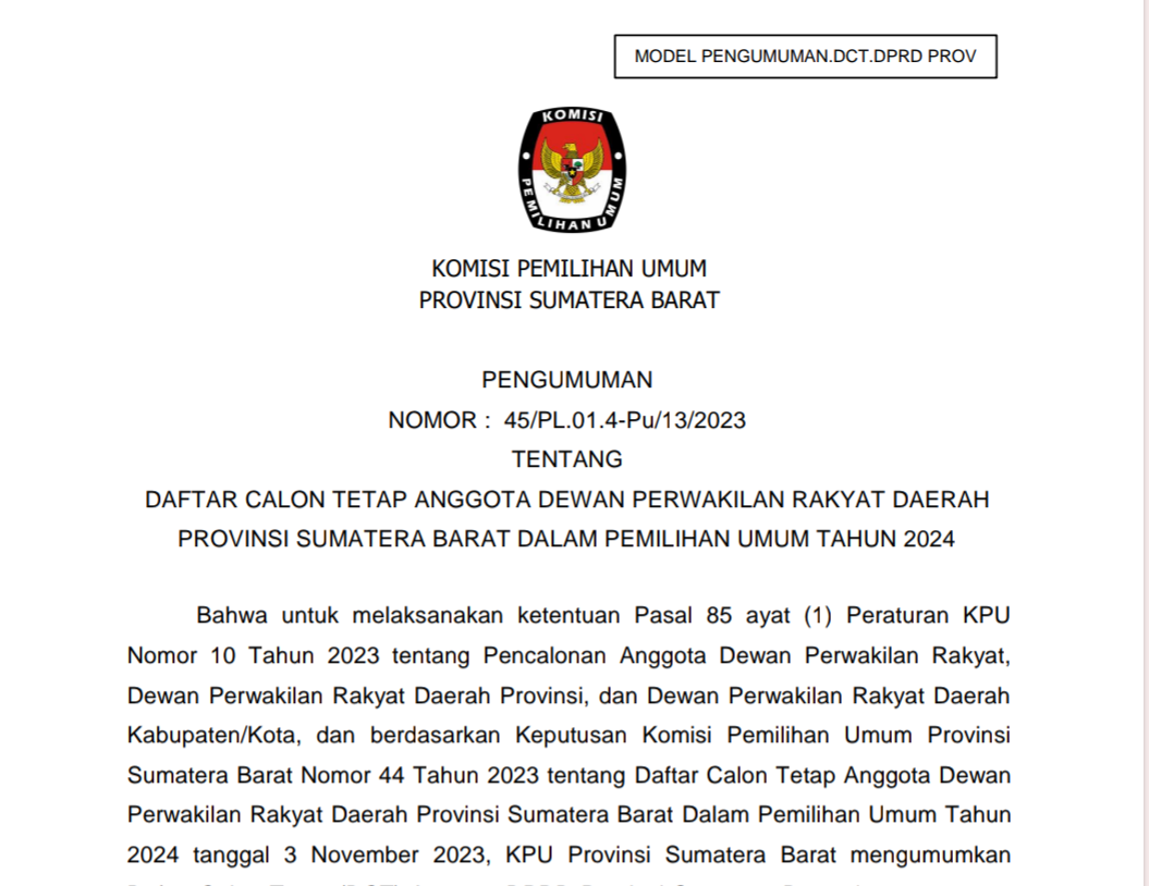 Pengumuman Daftar Calon Tetap (DCT) Anggota DPRD Provinsi Sumbar Pemilu 2024