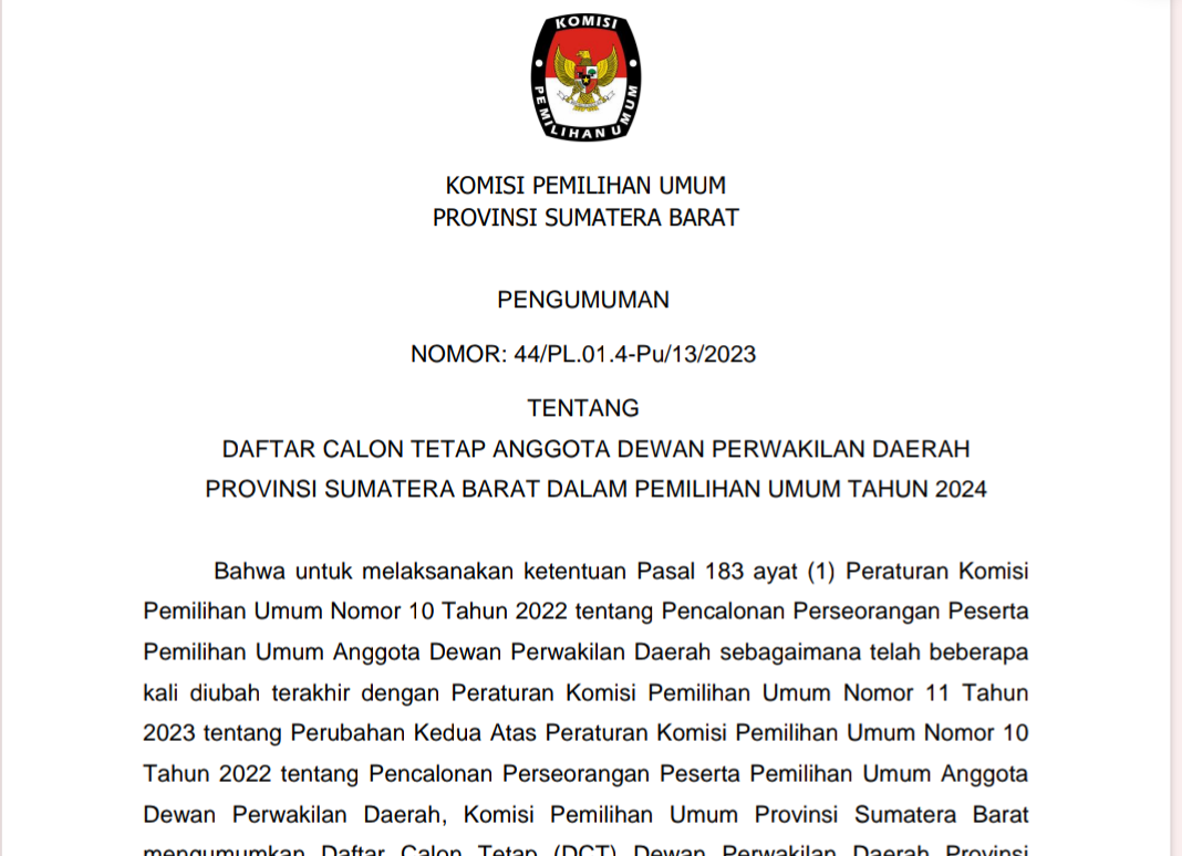 Pengumuman Daftar Calon Tetap (DCT) Anggota DPD Provinsi Sumbar Pemilu 2024